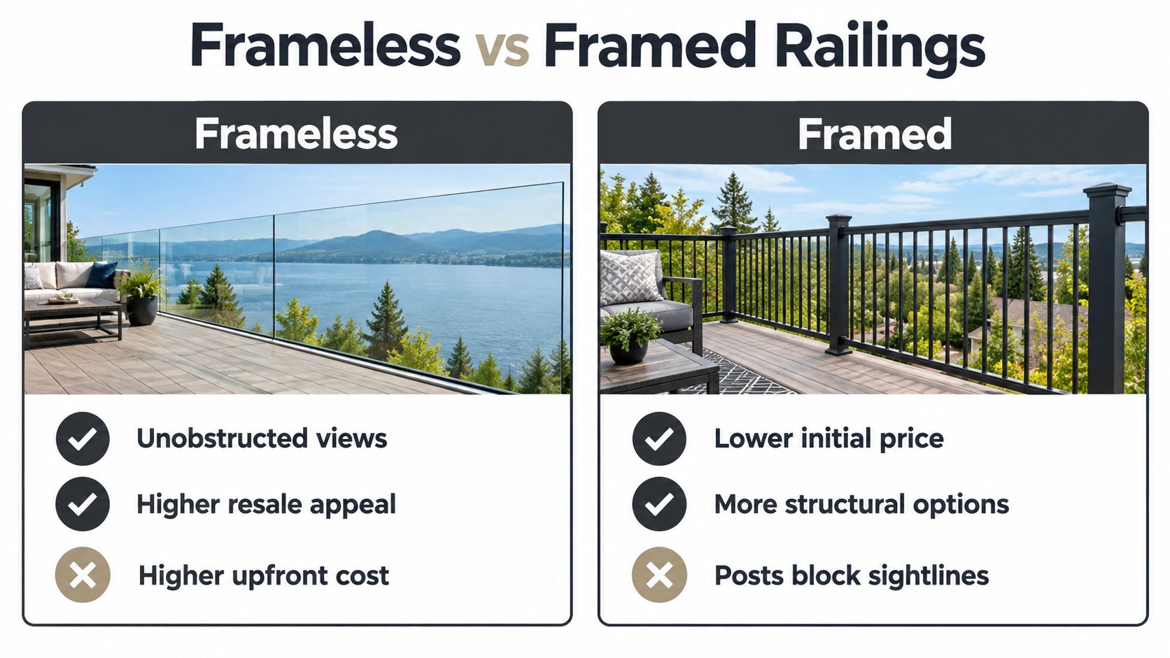A comparison chart highlighting the pros and cons of frameless glass versus traditional framed deck railings.