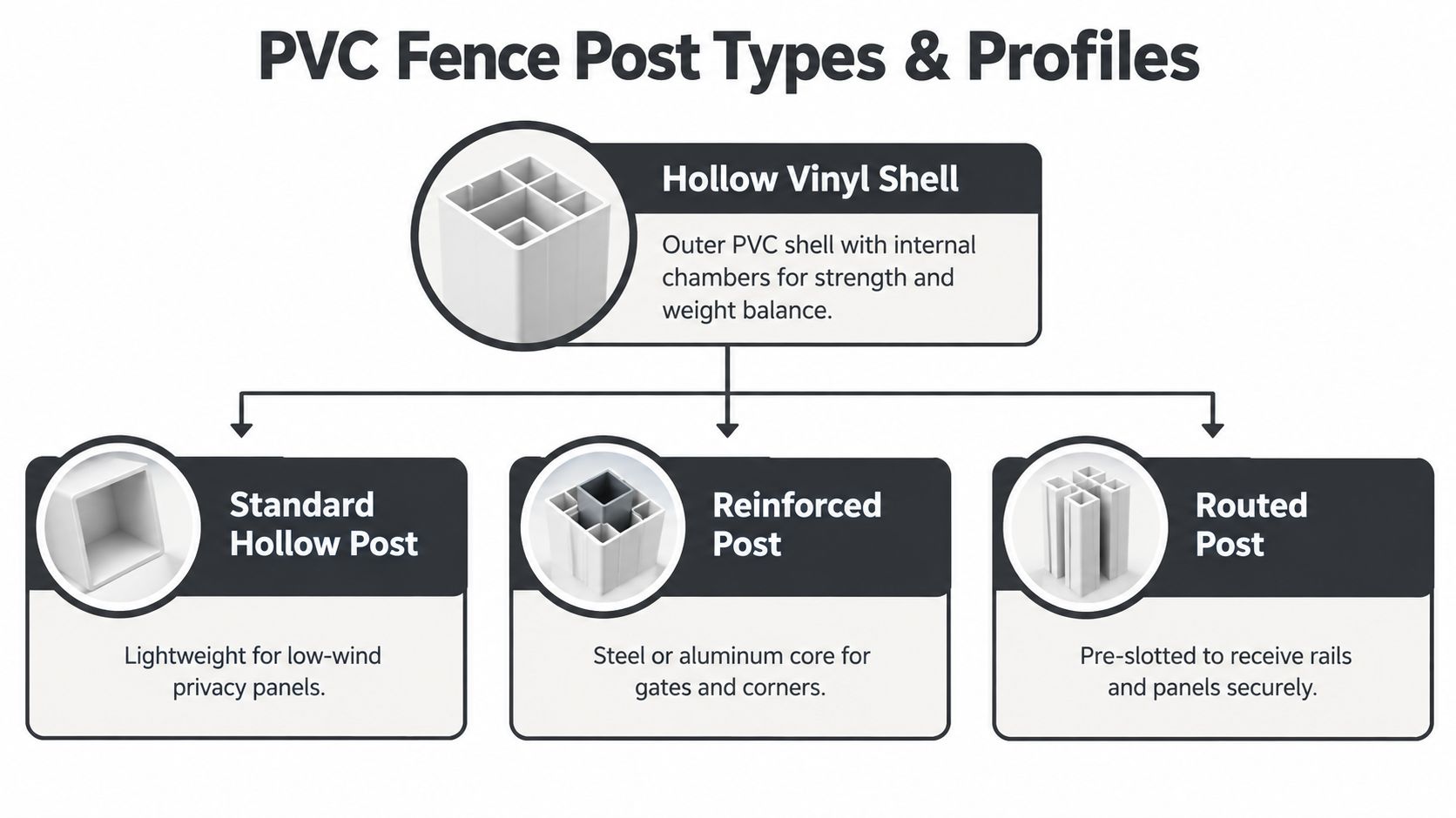 An infographic showing the structure and common types of PVC fence posts including hollow, reinforced, and routed.