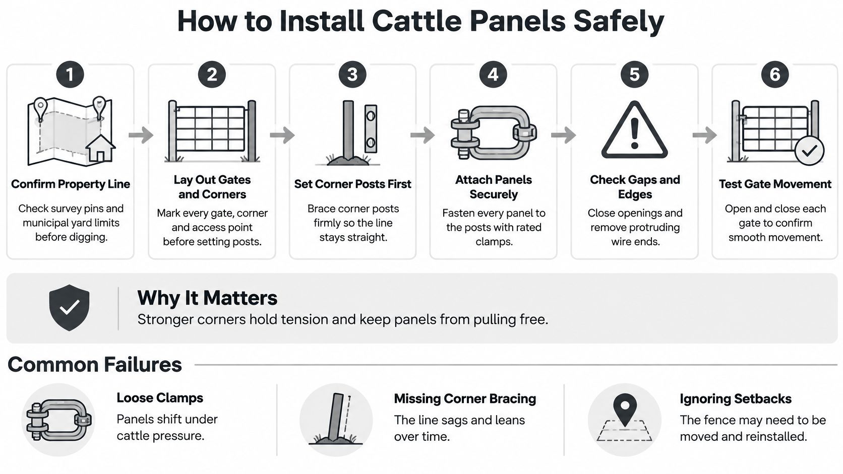 A six-step infographic illustrating the safe installation process for cattle panels and common setup failures.