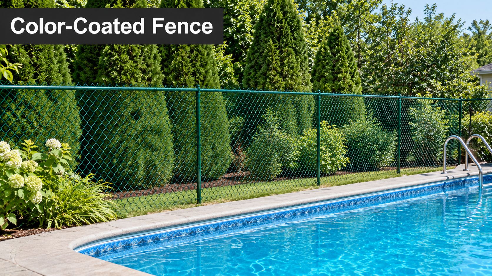 A backyard swimming pool area enclosed by a green colour-coated chain link fence with lush landscaping.