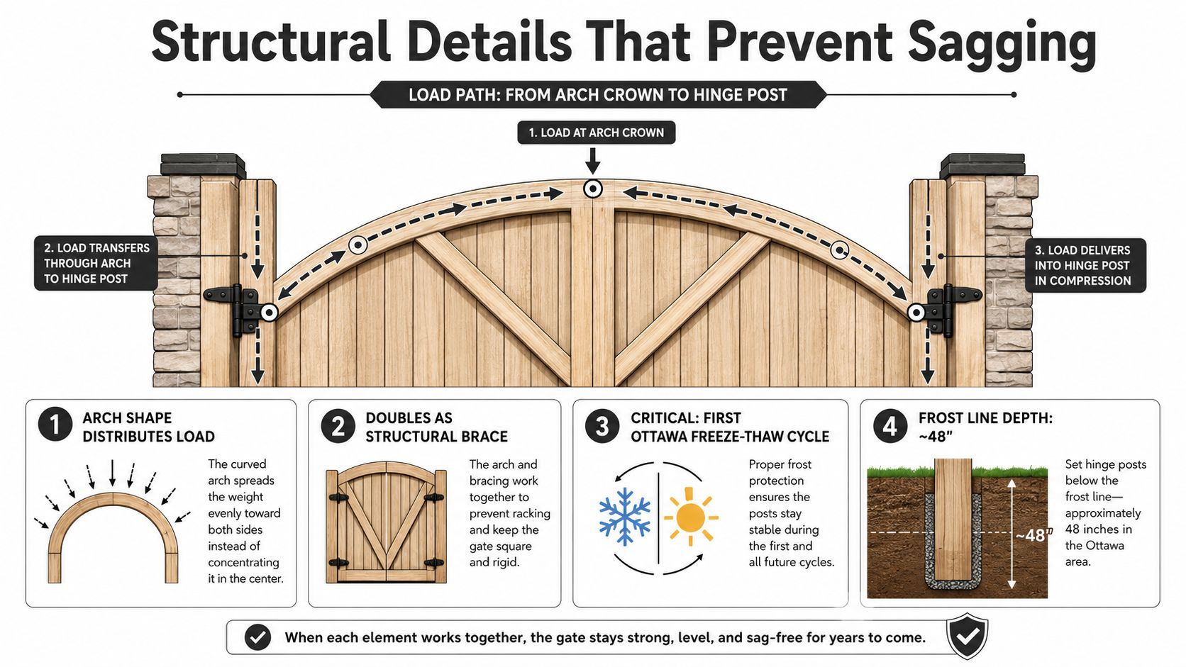 A diagram illustrating how an arched gate design prevents sagging through load distribution and proper post installation.