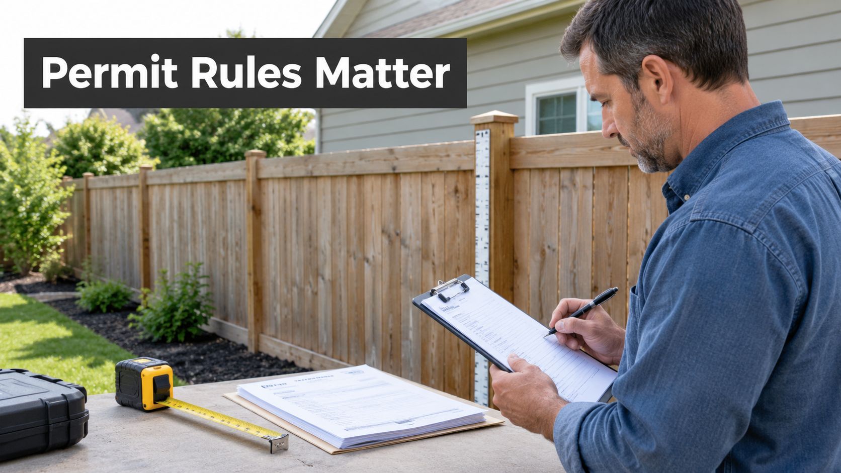 A professional building inspector reviewing permit documents outdoors in front of a newly constructed wooden privacy fence.