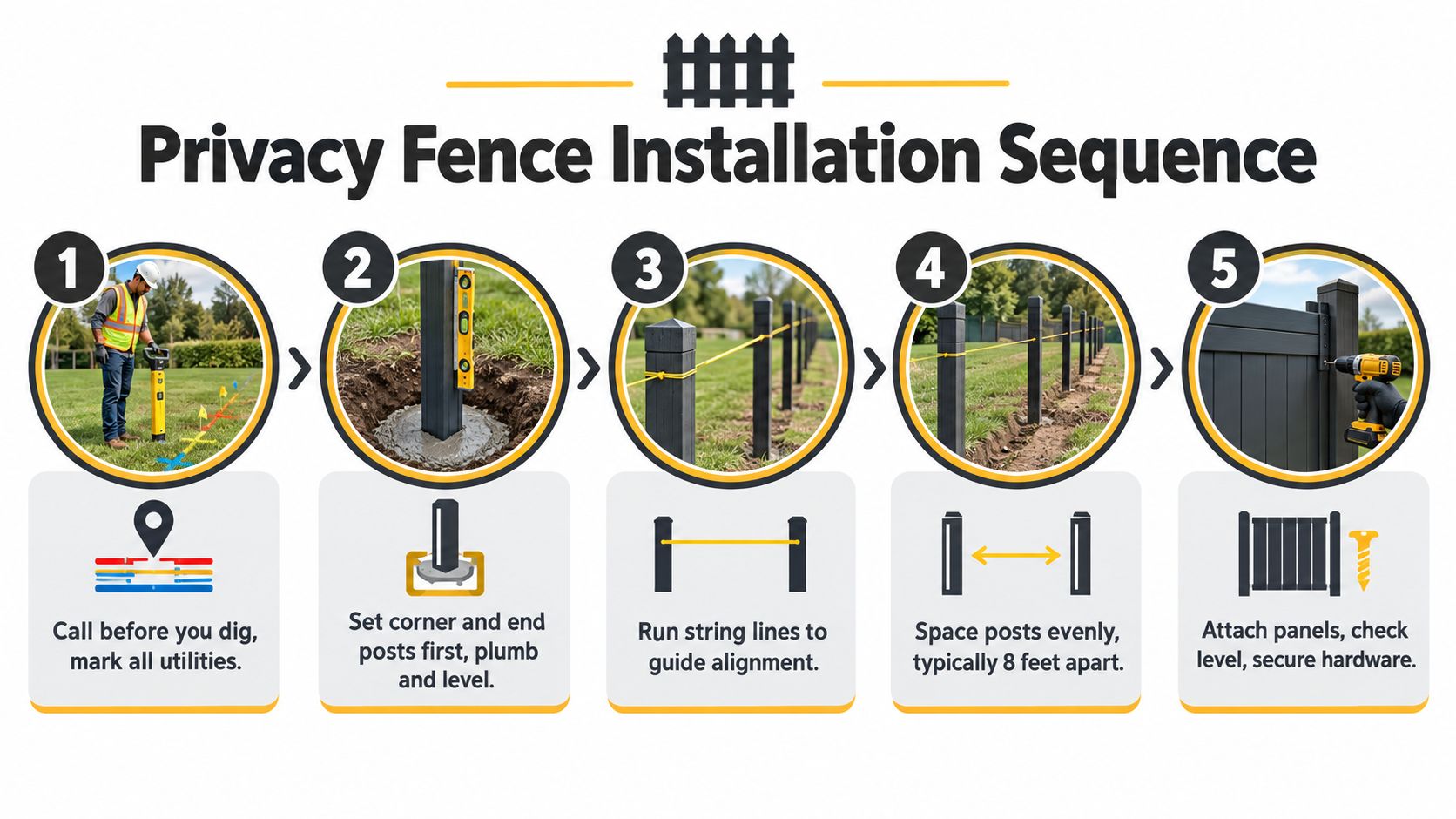 A five-step infographic showing the sequence for installing a privacy fence, from utility marking to panel attachment.