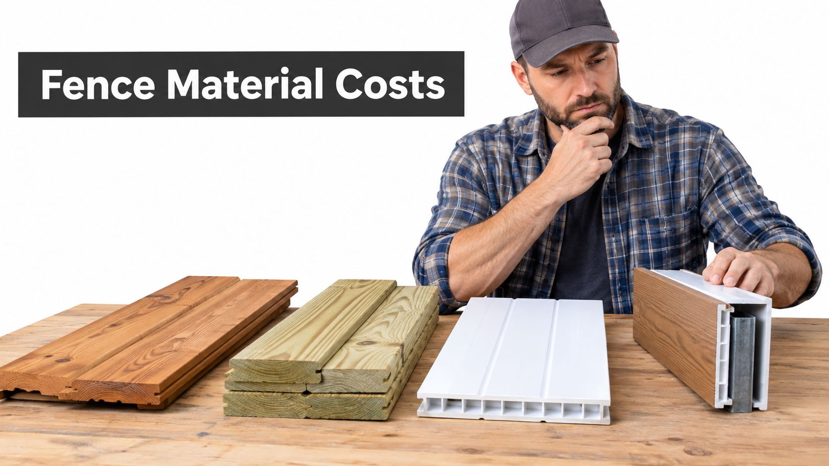 A man in a plaid shirt considering different types of fencing materials on a wooden table.
