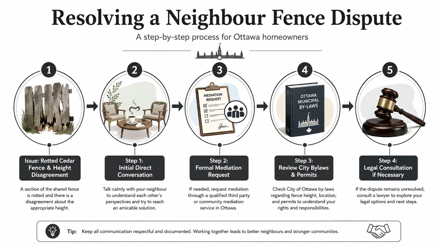 A five-step infographic illustrating the process for Ottawa homeowners to resolve a neighbour fence dispute.
