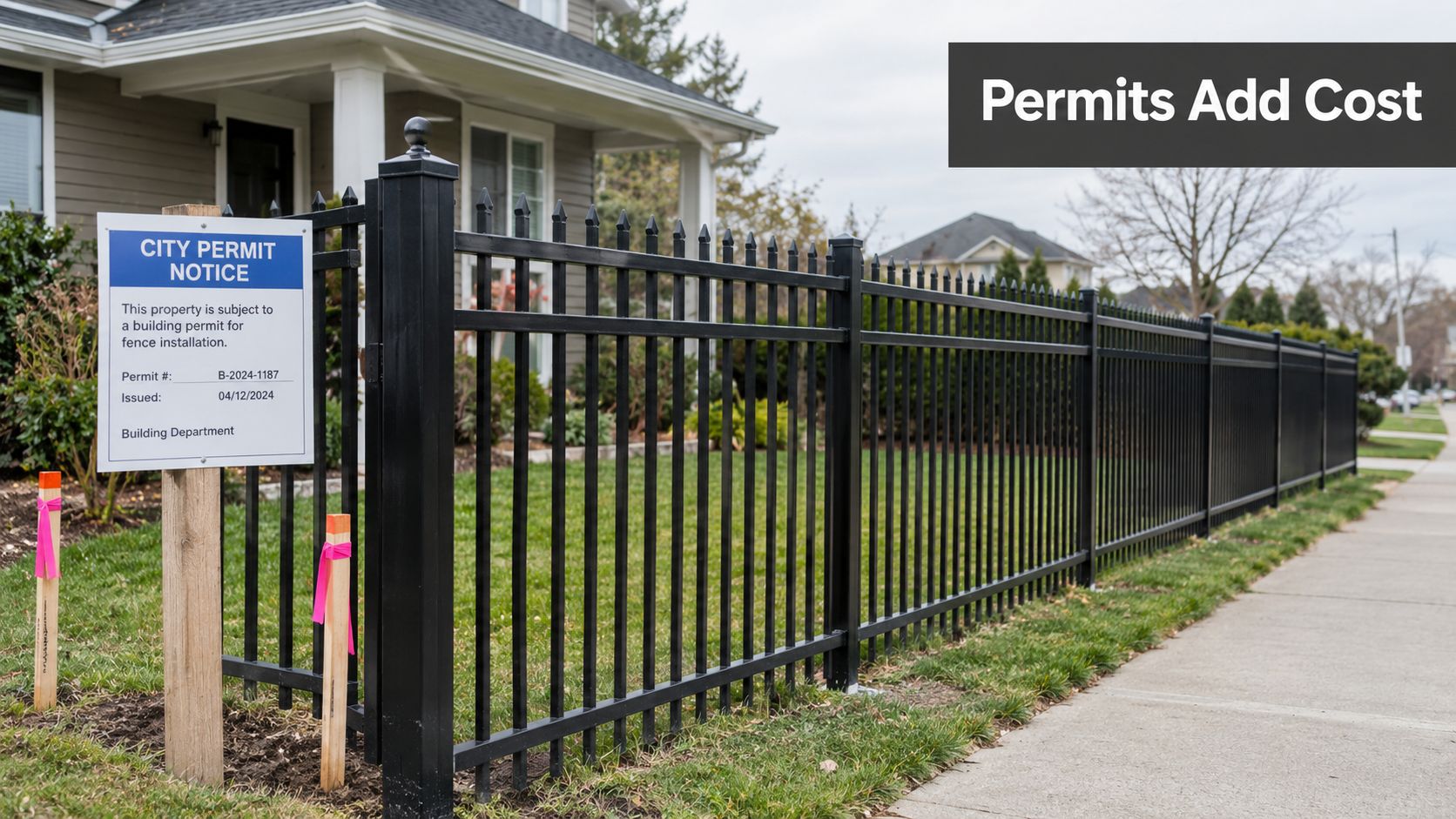 A black metal picket fence installed in front of a residential house with a city permit sign.