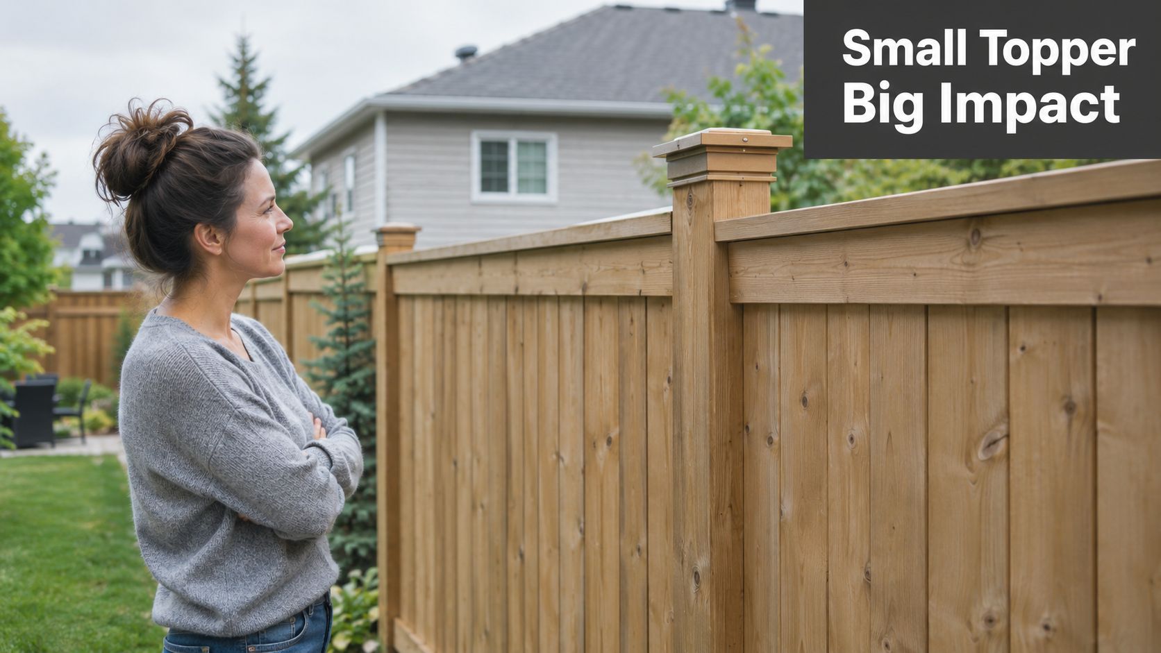 A woman stands in a garden admiring a wooden fence featuring stylish decorative post toppers.