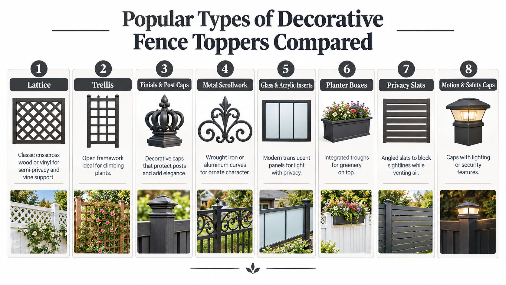 An infographic comparing eight popular styles of decorative fence toppers including lattice, trellis, and motion safety caps.