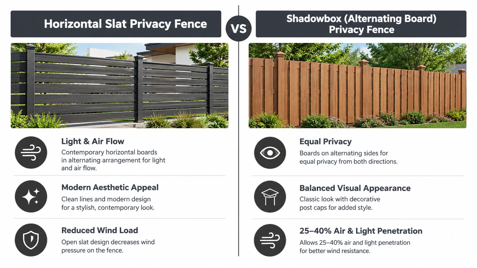 A comparison graphic between horizontal slat privacy fences and shadowbox alternating board privacy fence designs.