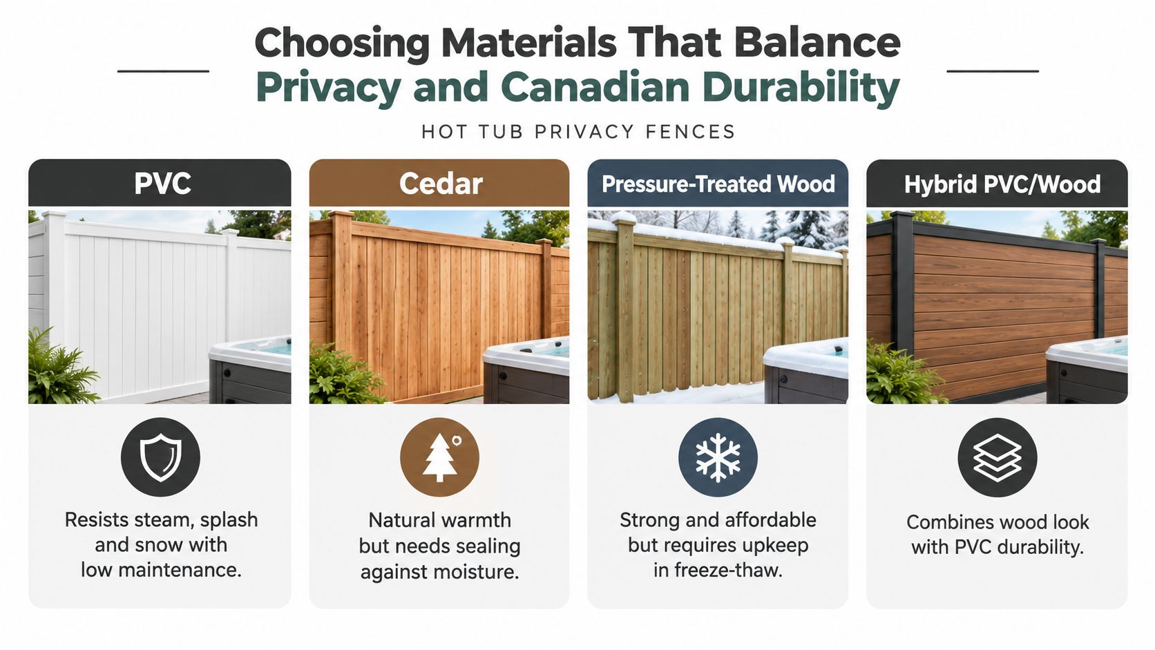 A comparison chart showing four different hot tub privacy fence material options: PVC, Cedar, Pressure-Treated Wood, and Hybrid.