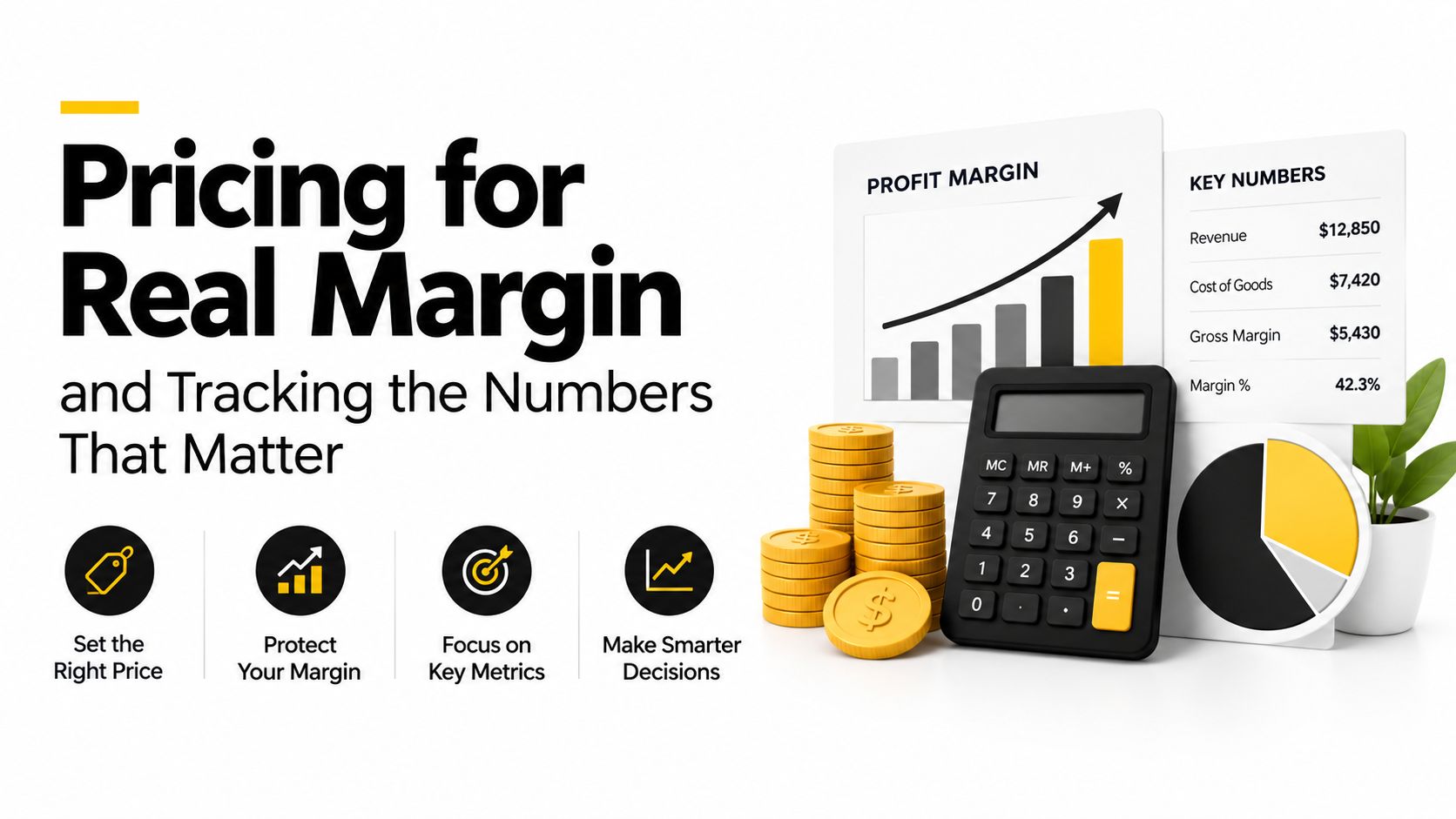 A business graphic titled Pricing for Real Margin showing financial data, a calculator, and coins.