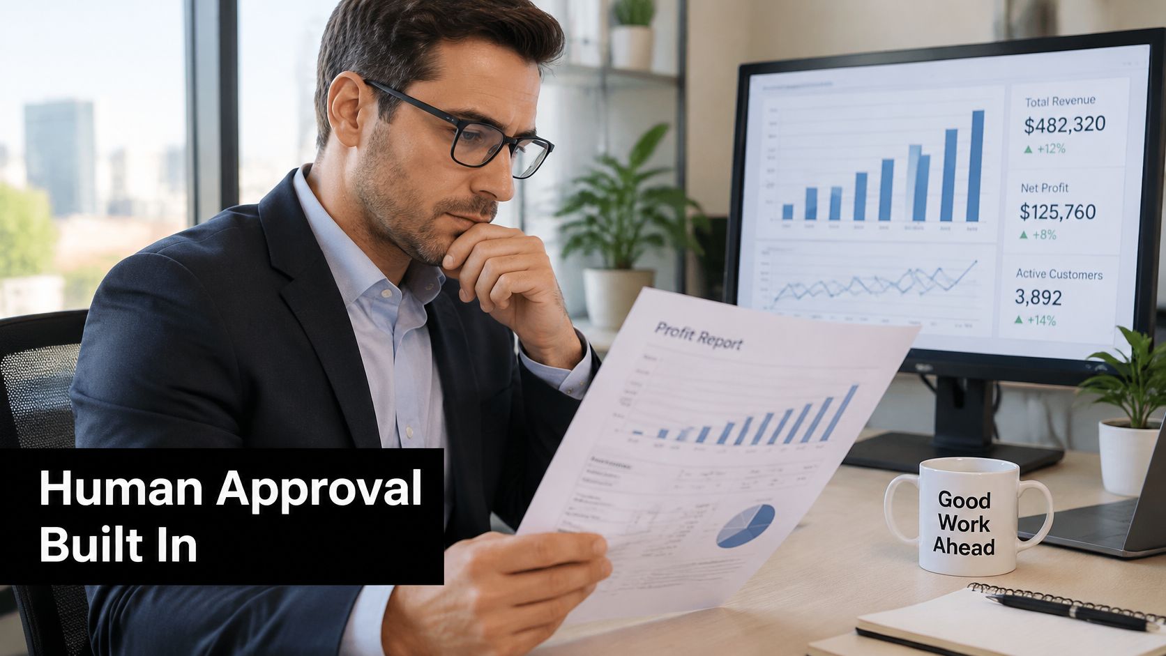 A professional man in a suit carefully reviewing a profit report while working at his desk.