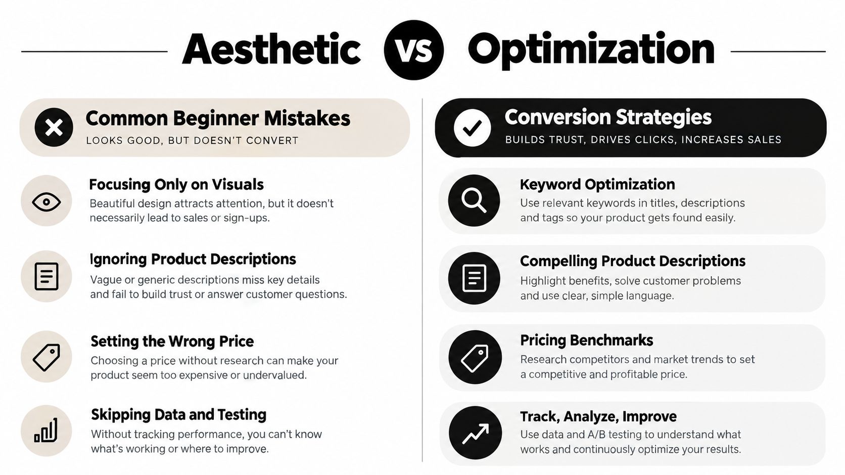 A comparison chart showing aesthetic focused design pitfalls versus optimization strategies for increasing online business sales.