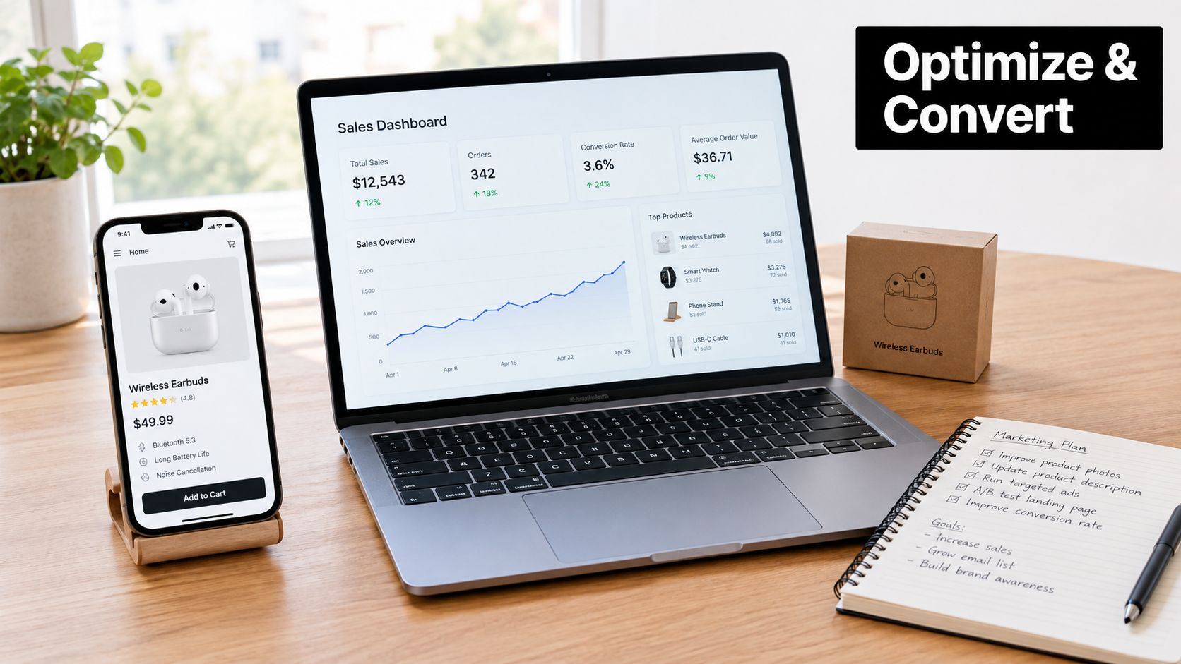 A modern workspace showing a laptop with sales analytics, a smartphone displaying earbuds, and a written marketing plan.