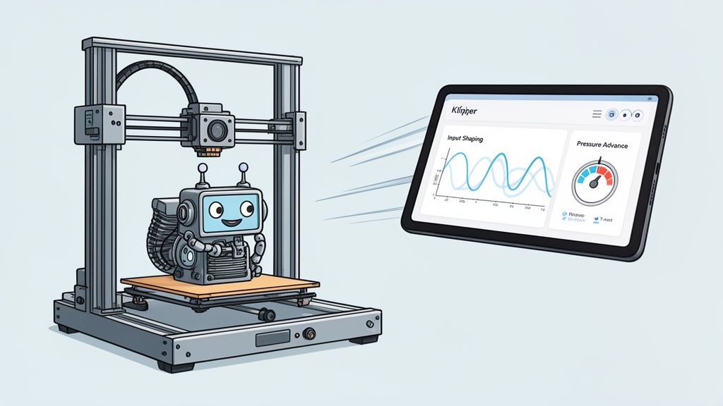 A 3D printer prints a smiling robot while a tablet displays the Klipper control software.