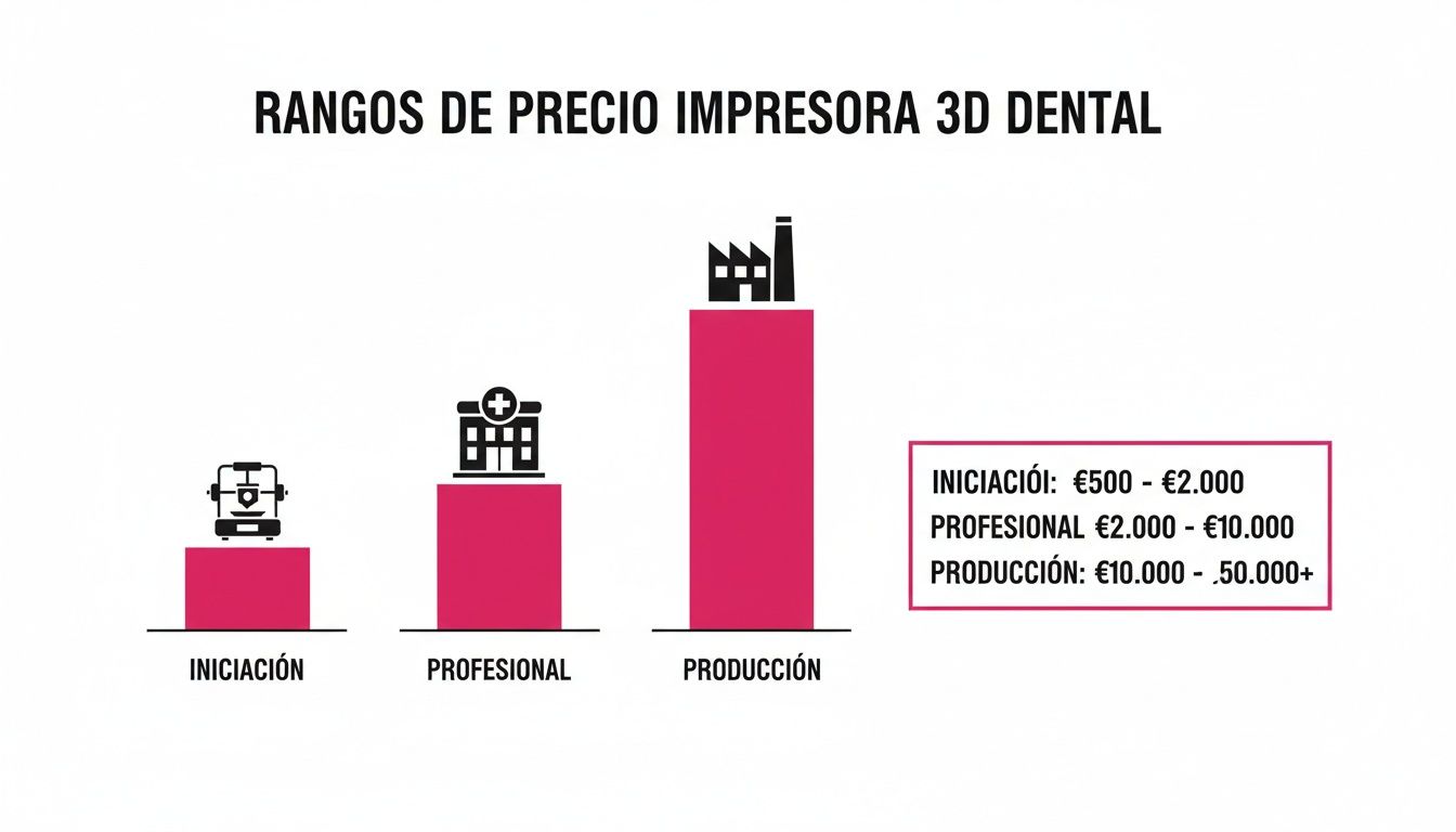 Gráfico de barras que muestra los rangos de precio de impresoras 3D dentales para iniciación, profesionales y producción.