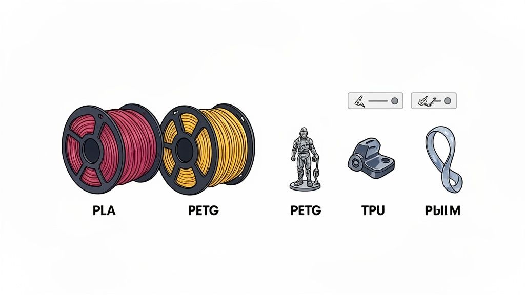 PLA and PETG filament spools alongside 3D printed objects in PETG and TPU.