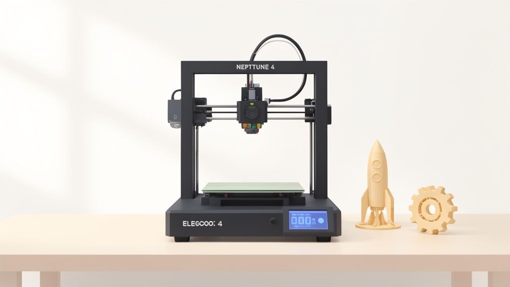 Impresora 3D Elegoo Neptune 4 negra sobre una mesa, con un cohete y un engranaje impresos.