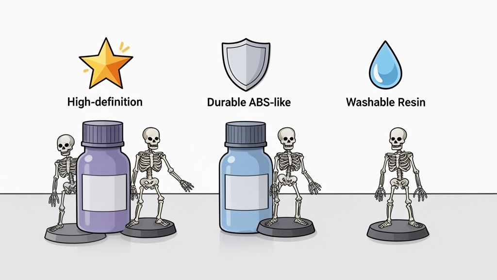Tres tipos de resina para impresión 3D, representados por botellas, esqueletos de Warhammer y símbolos de características.