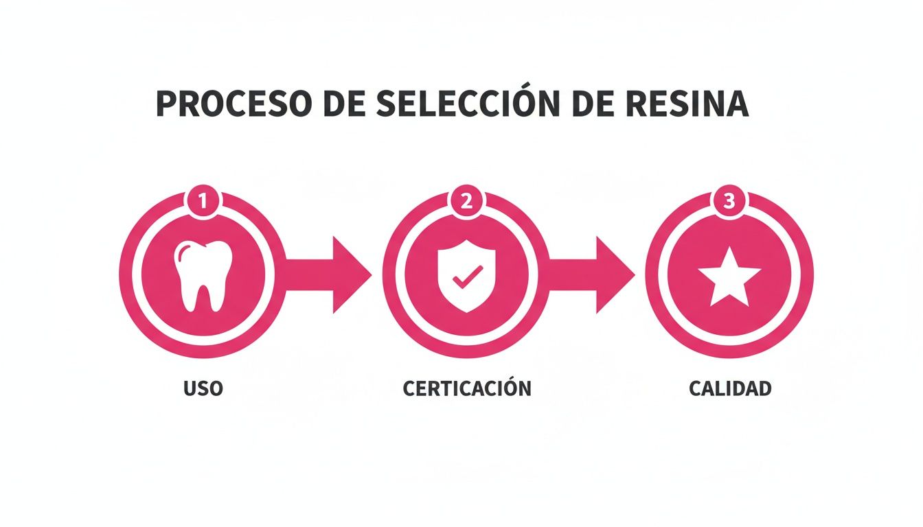 Diagram of the dental resin selection process, showing usage, certification, and quality steps with icons.
