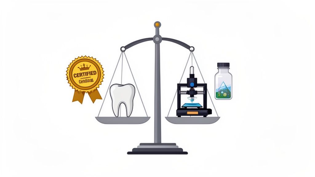Scale comparing a certified tooth with a 3D printer and liquid resin for dentistry.
