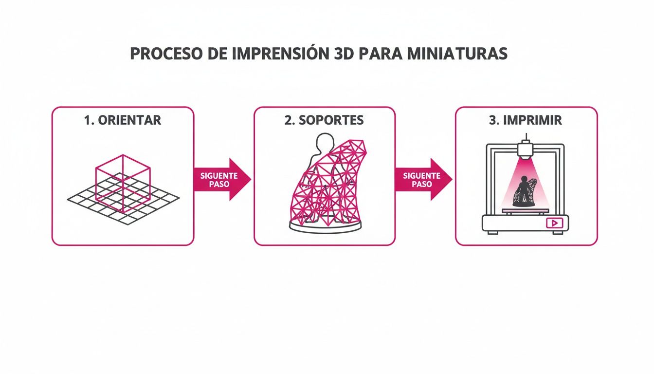 Diagrama que ilustra el proceso de impresión 3D para miniaturas, incluyendo orientación, soportes y la impresión final.