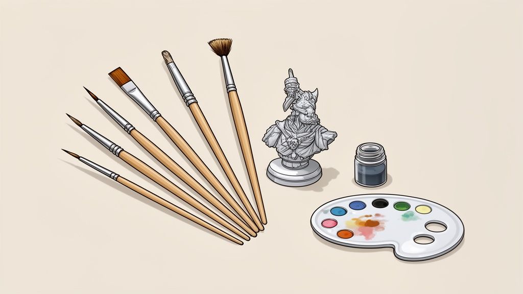 Several brushes in different sizes, a bust miniature, a pot of paint, and a palette with colours.