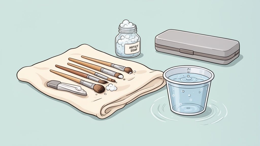 Artist brushes being cleaned with soap and water on a cloth next to a brush case.