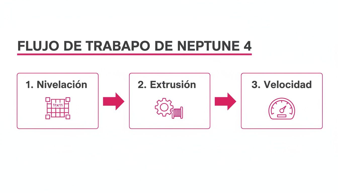 Diagrama de flujo del trabajo de Elegoo Neptune 4, mostrando los pasos de nivelación, extrusión y velocidad.