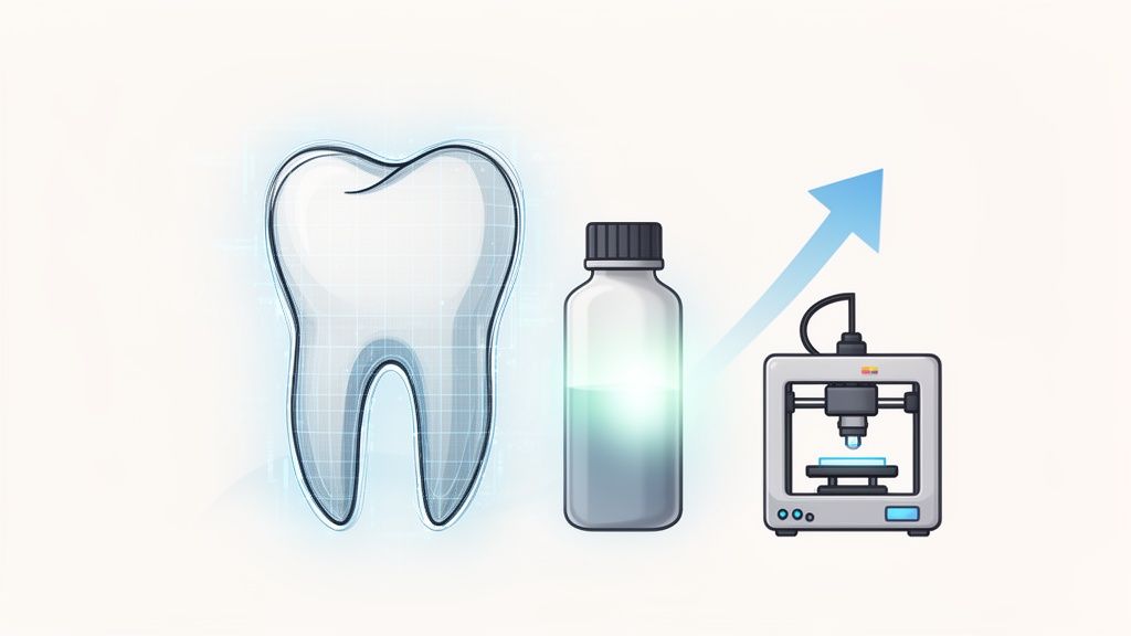Image illustrating the process of manufacturing a tooth using resin and a 3D printer.