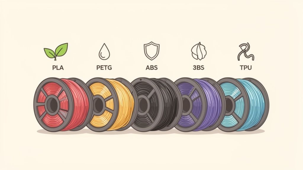 Varias bobinas de filamento para impresora 3D de diferentes colores, con etiquetas PLA, PETG, ABS, 3BS y TPU.