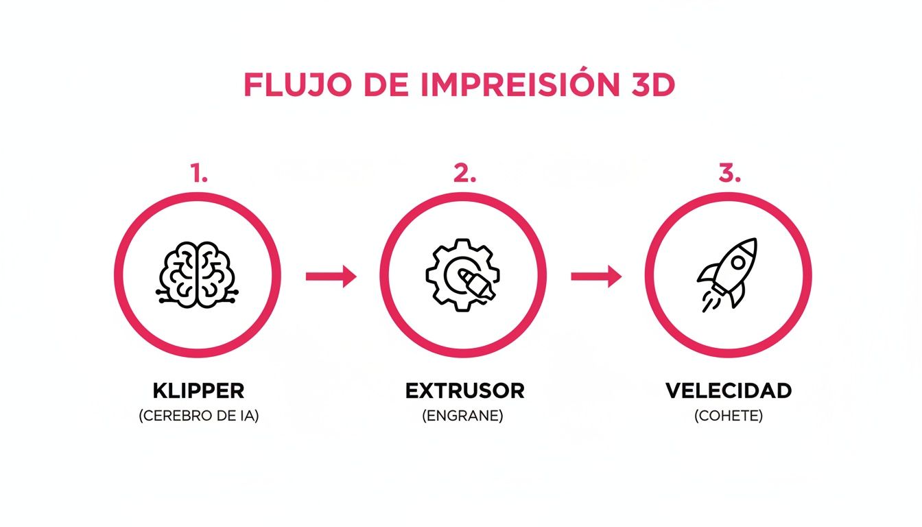 3D printing workflow diagram showing three stages: Klipper (AI brain), Extruder (gear), and Speed (rocket).