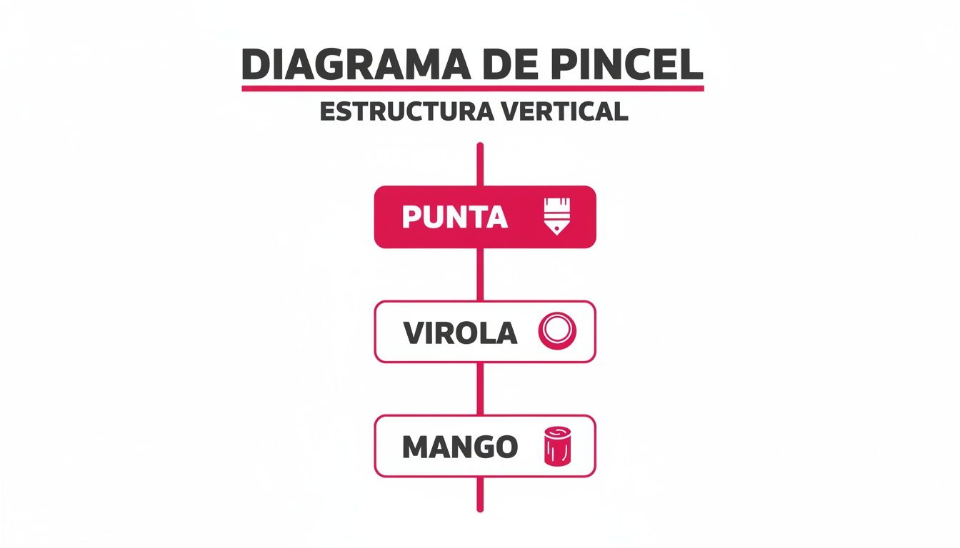 Vertical diagram showing the parts of a miniature painting brush: bristle tip, ferrule, and handle, with explanatory icons.