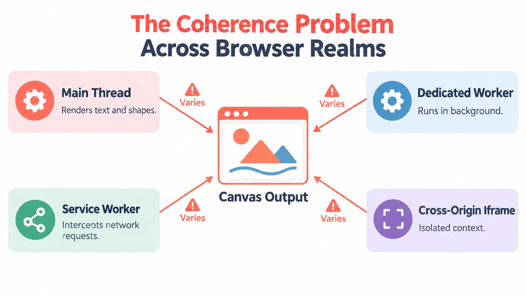 A diagram illustrating the coherence problem across browser realms with data flowing into a central canvas output.