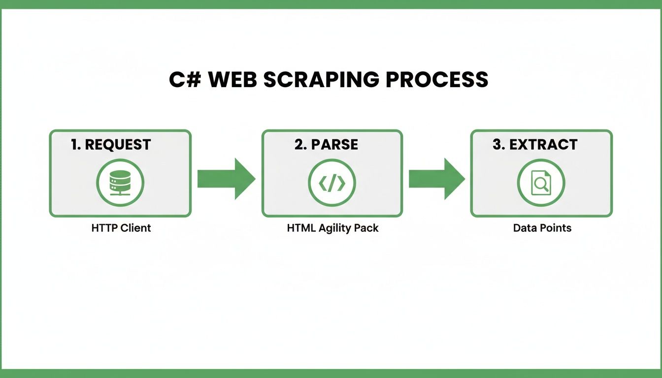 Flowchart illustrating the C# web scraping process with request, parse, and extract steps.