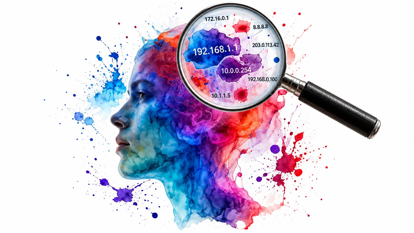 A digital illustration of a human profile with a magnifying glass revealing various IP addresses.