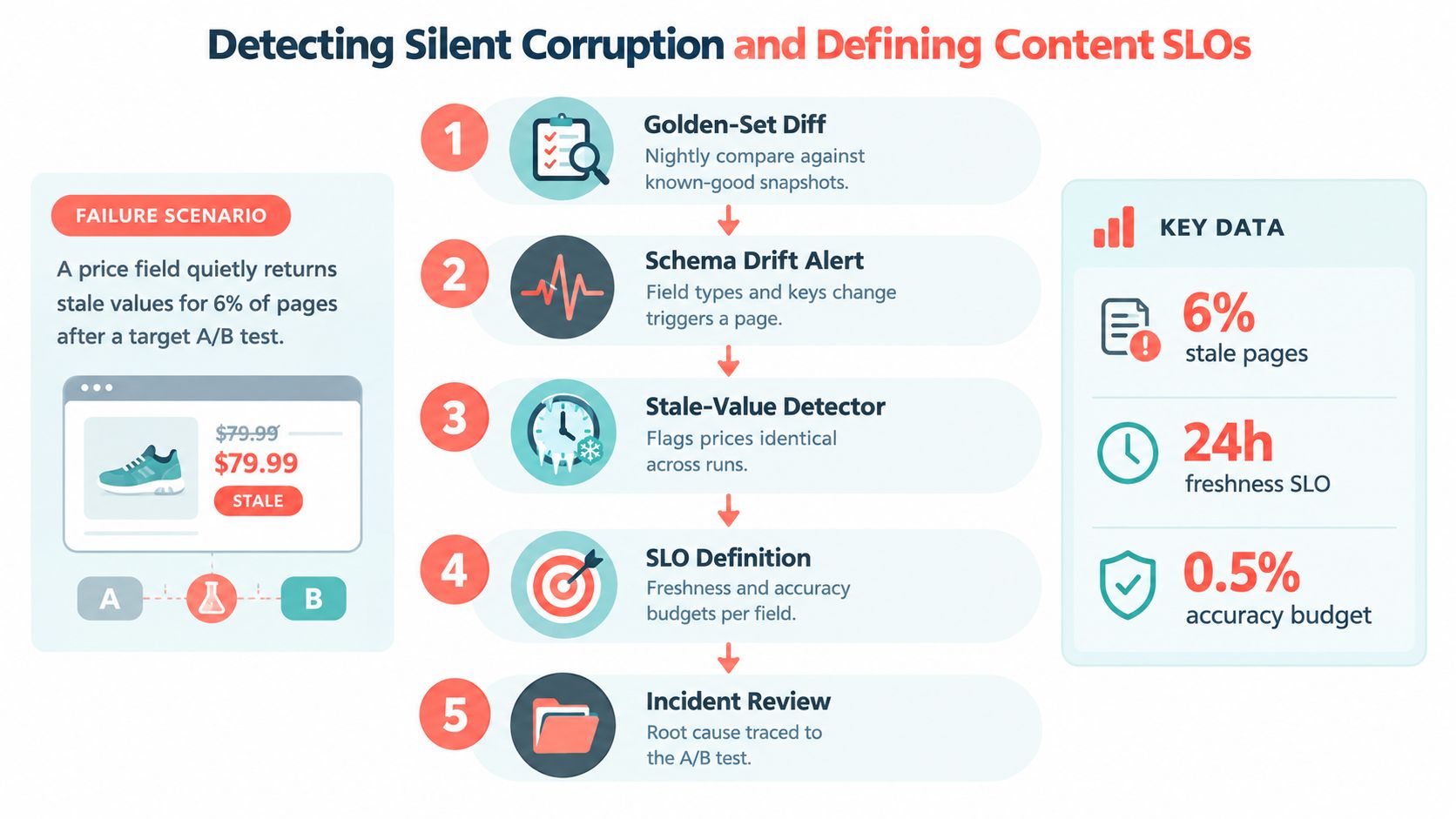 A flowchart showing five steps for detecting silent data corruption and establishing content service level objectives.