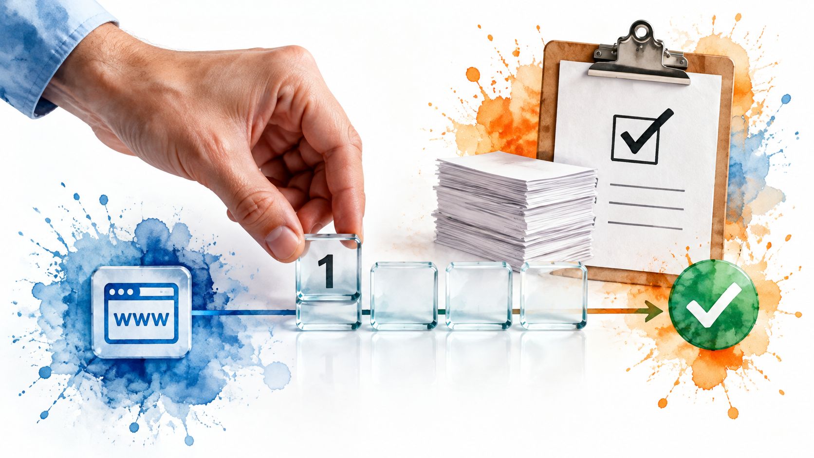 A hand placing a numbered block into a sequence representing an automated AI web scraping workflow process.