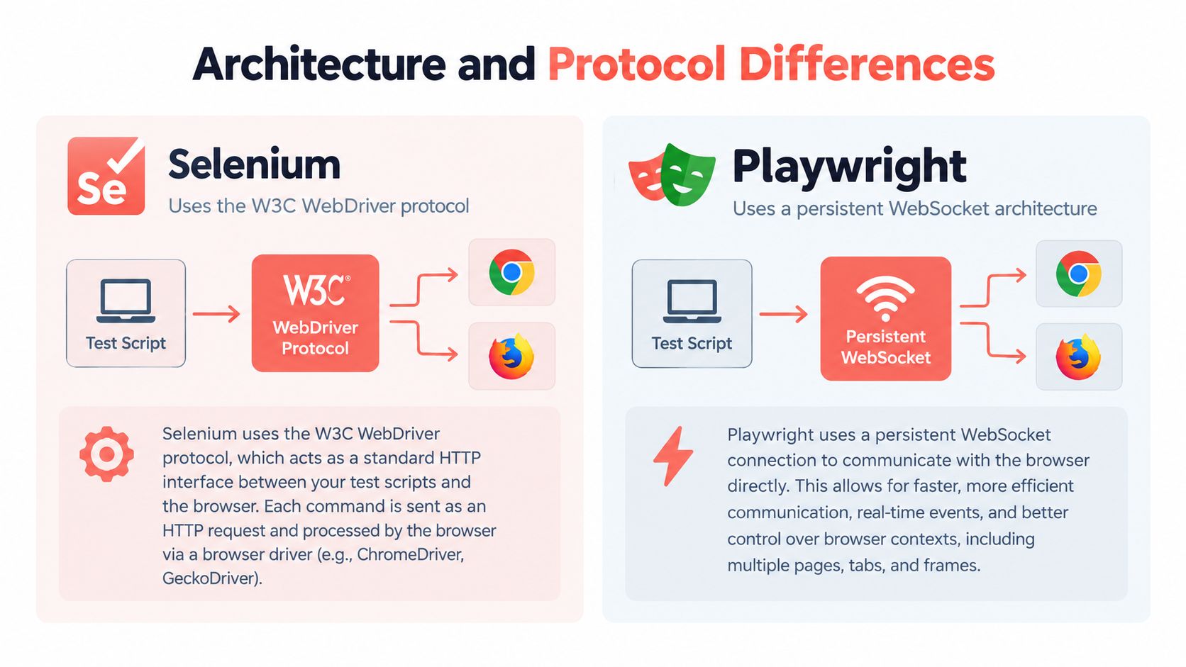 A comparison diagram illustrating the architectural differences between Selenium WebDriver and the Playwright WebSocket communication protocol.