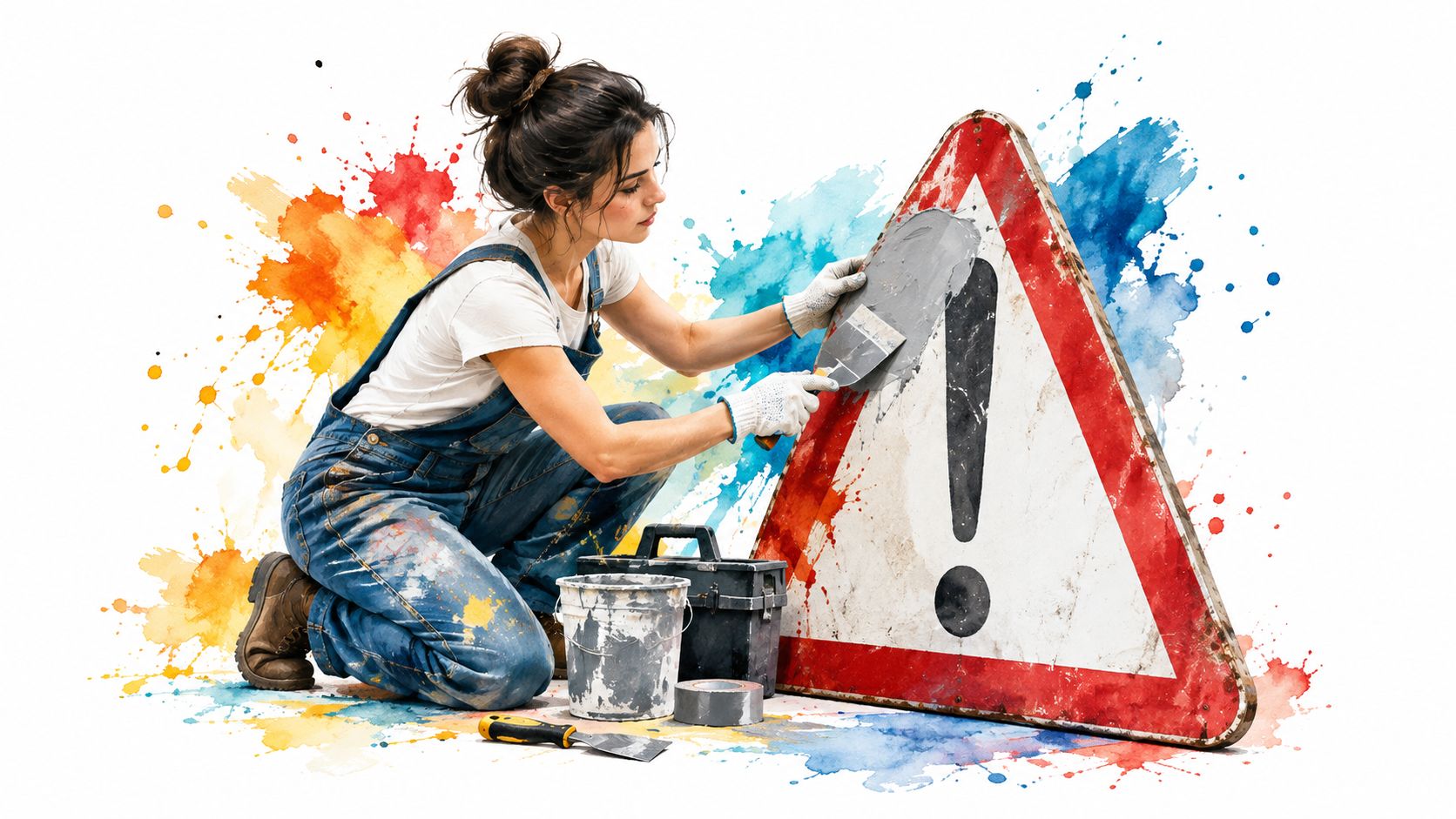 A woman in work overalls repairing an exclamation mark warning sign with a putty knife and paste.