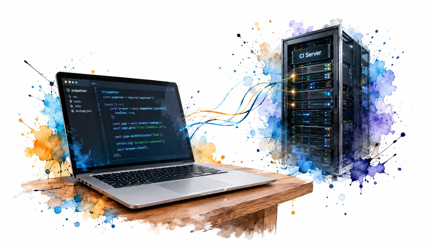 A laptop displaying Puppeteer code connected to a CI server, illustrating automated testing workflows.