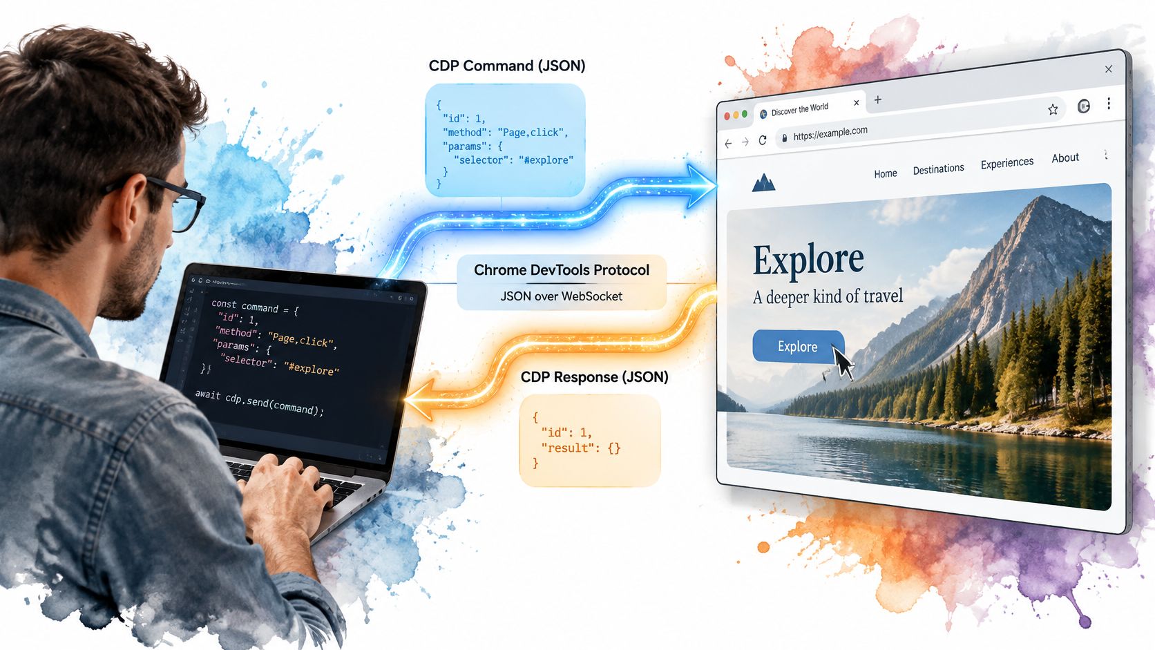 A developer using code to interact with a web browser using the Chrome DevTools Protocol via WebSocket.