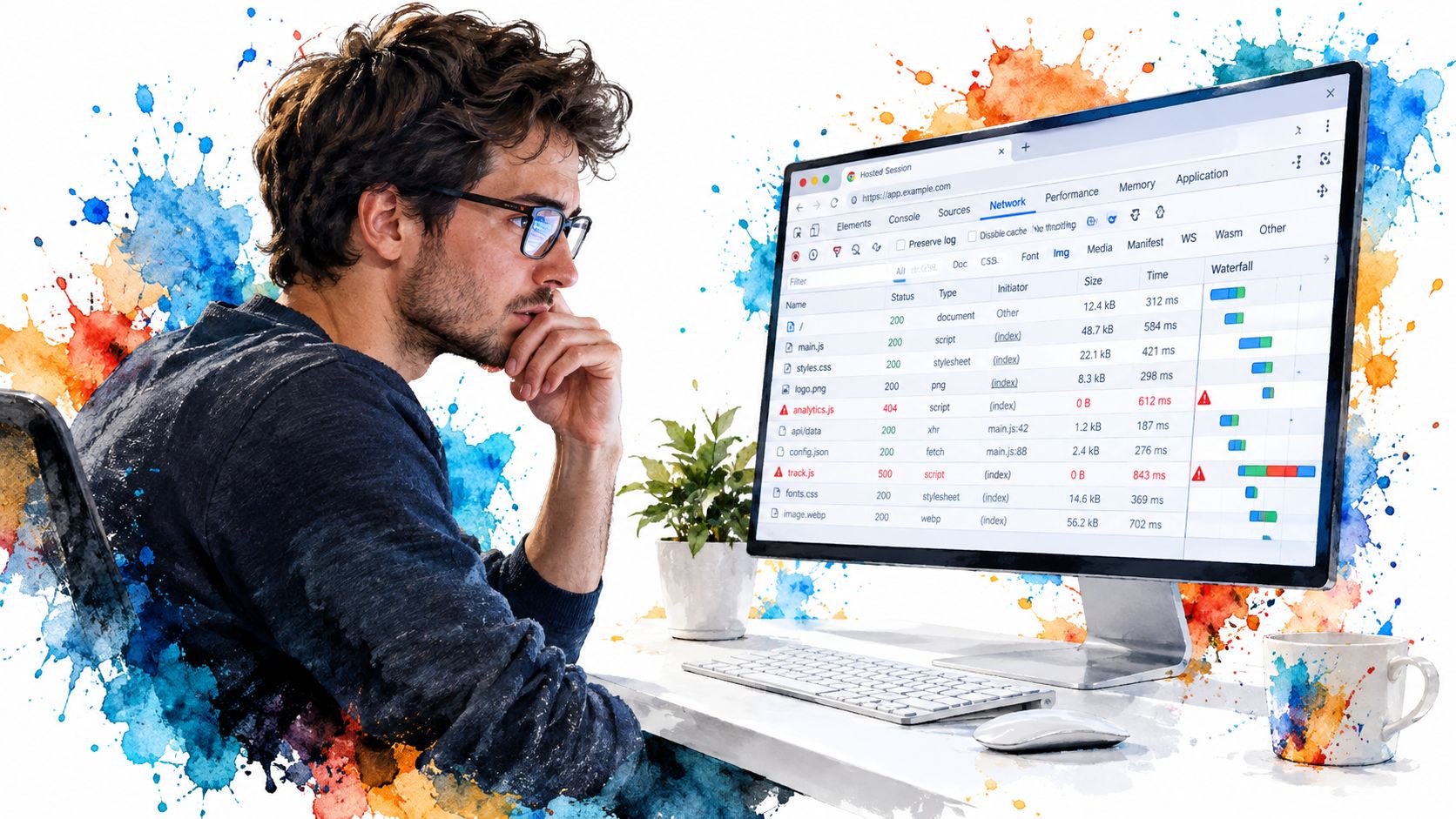 A focused man wearing glasses looks at a web browser developer network panel on his monitor screen.
