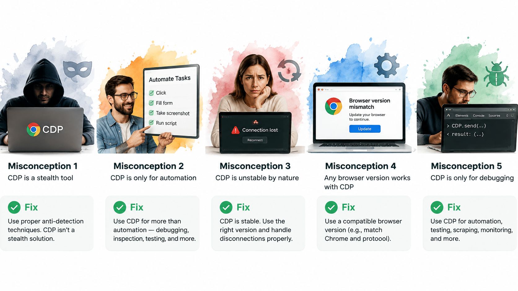 An infographic showing five common misconceptions about Chrome DevTools Protocol and how to fix them effectively.