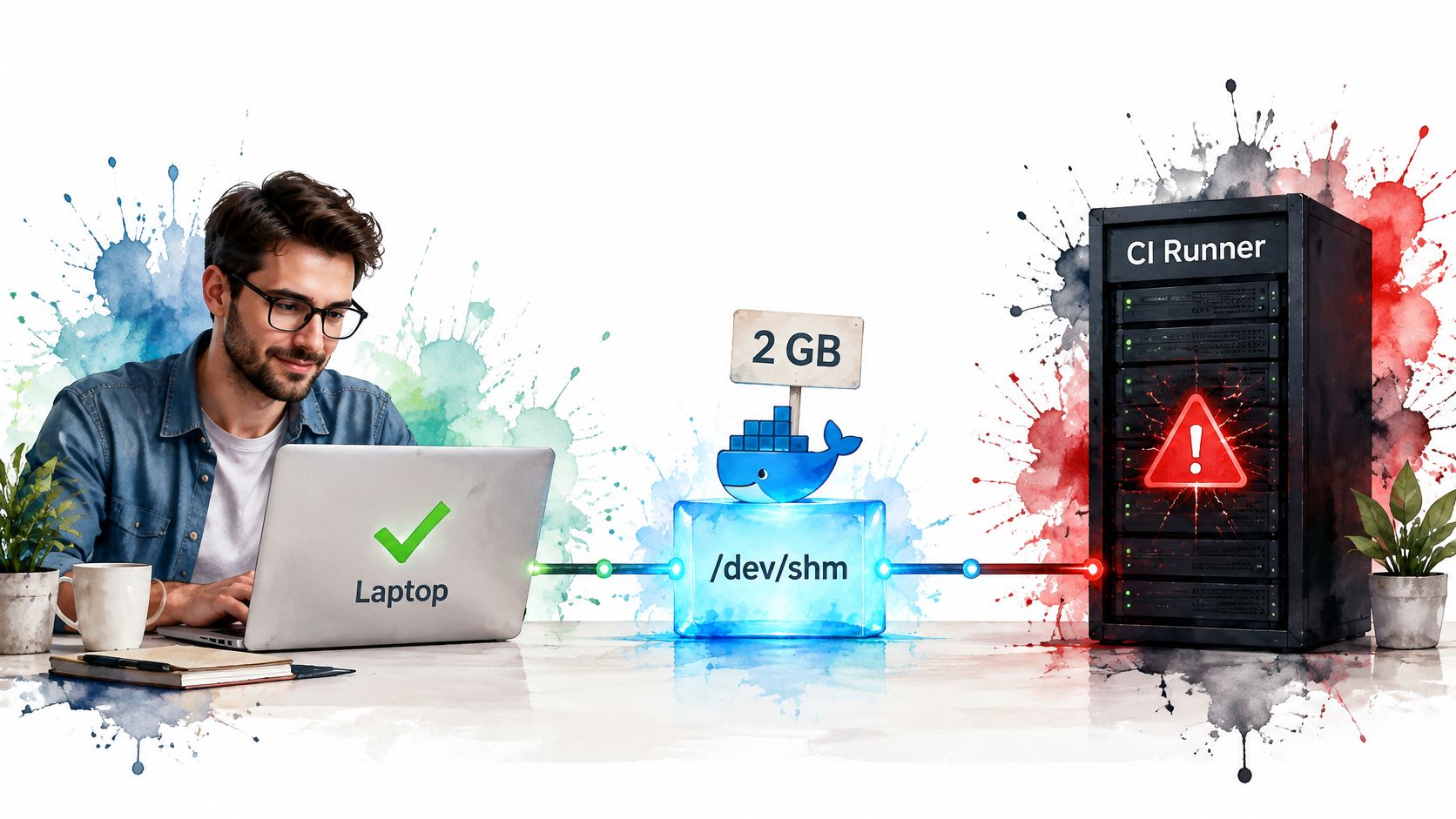 A person using a laptop connected to a CI runner server experiencing a memory limit issue with Docker.