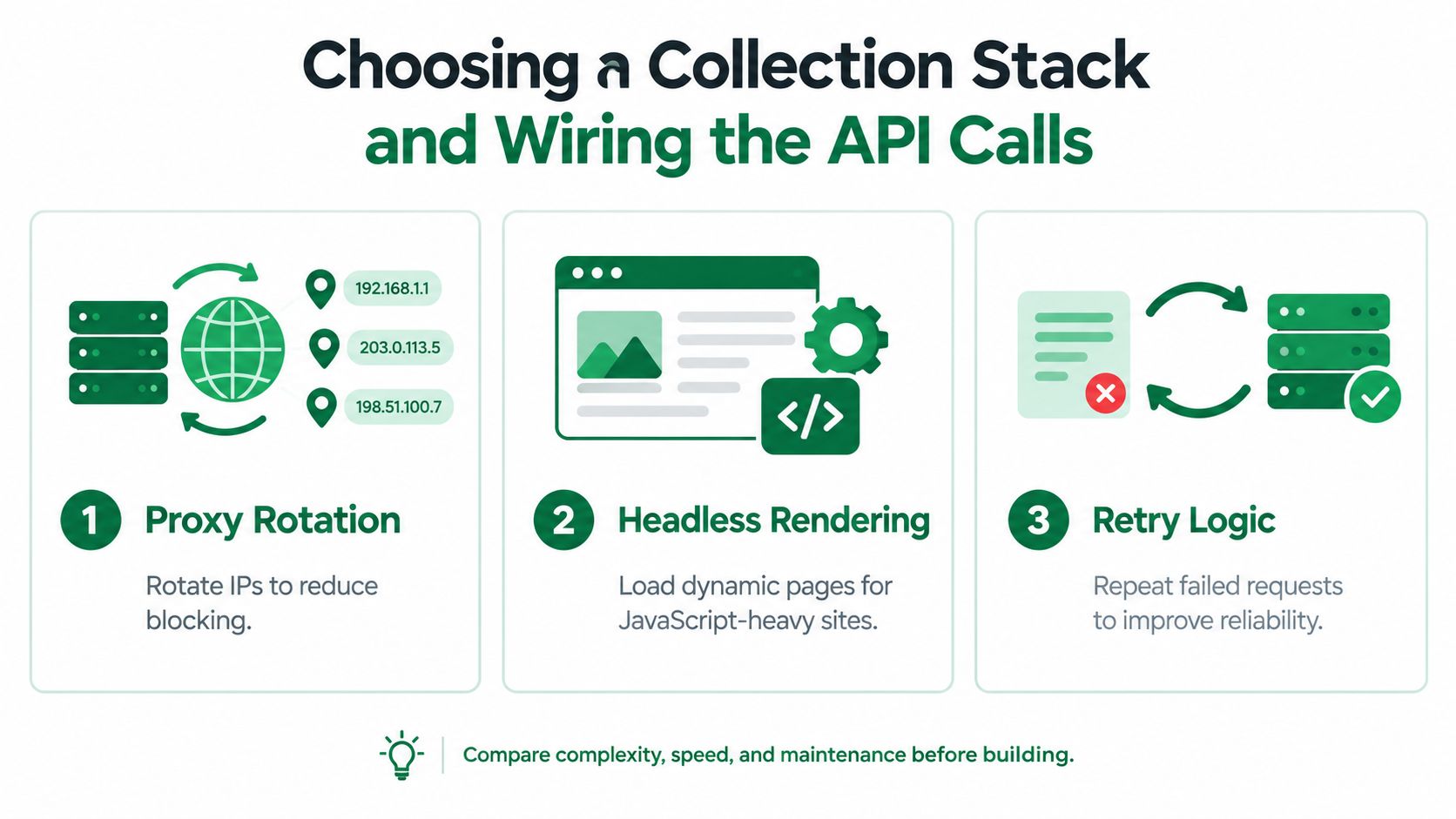 A diagram outlining three essential technical steps for building a web scraping collection stack and API integration.