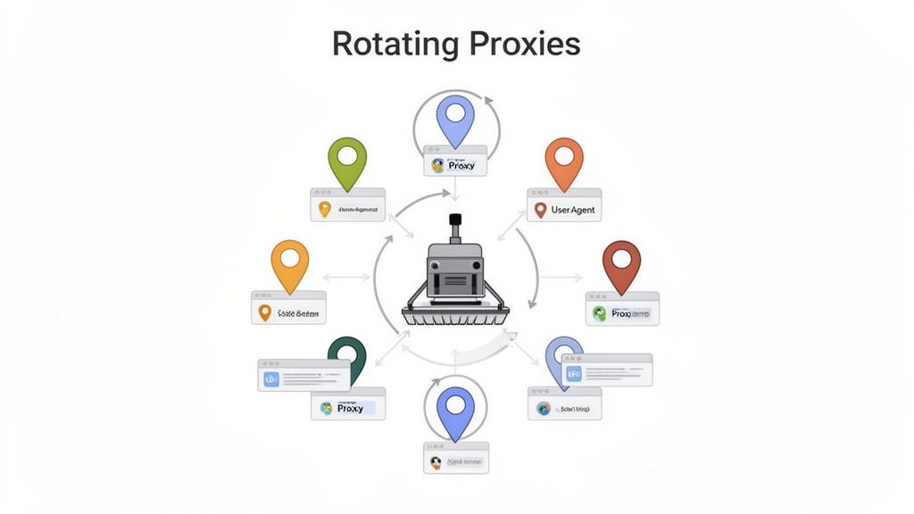 Diagram illustrating a rotating proxies system with a central mechanism and various proxy types in a circular flow.