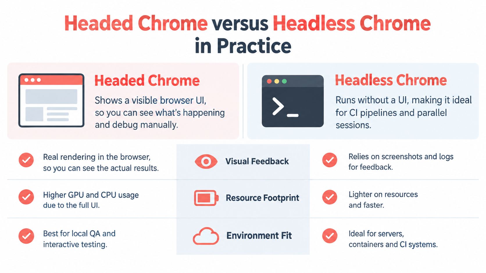 A comparison chart highlighting the key differences between headed and headless Chrome browsers for testing purposes.