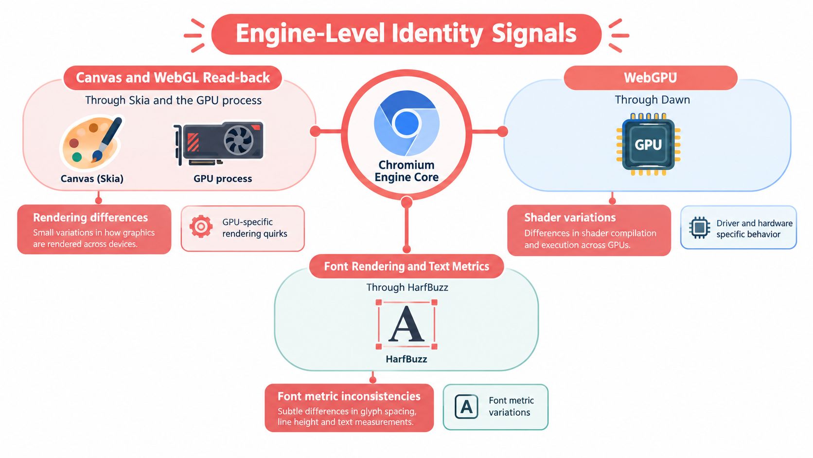 A diagram illustrating Engine-Level Identity Signals within the Chromium engine, focusing on canvas, WebGPU, and font rendering discrepancies.