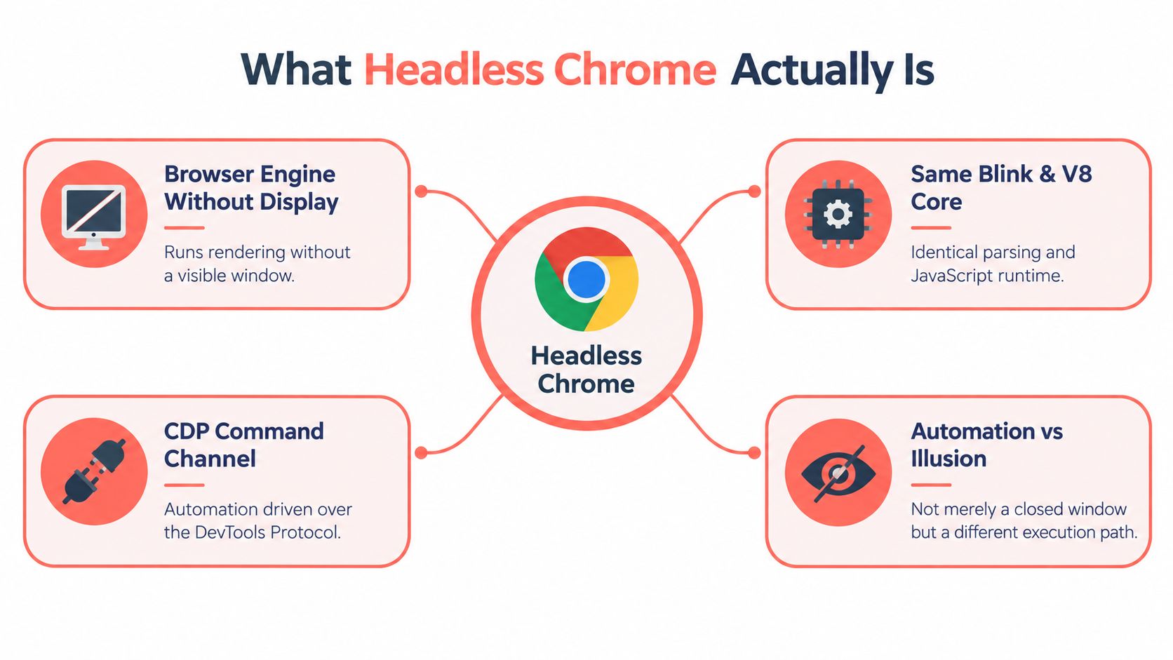 A diagram explaining that Headless Chrome runs a browser engine without a visible display or window.